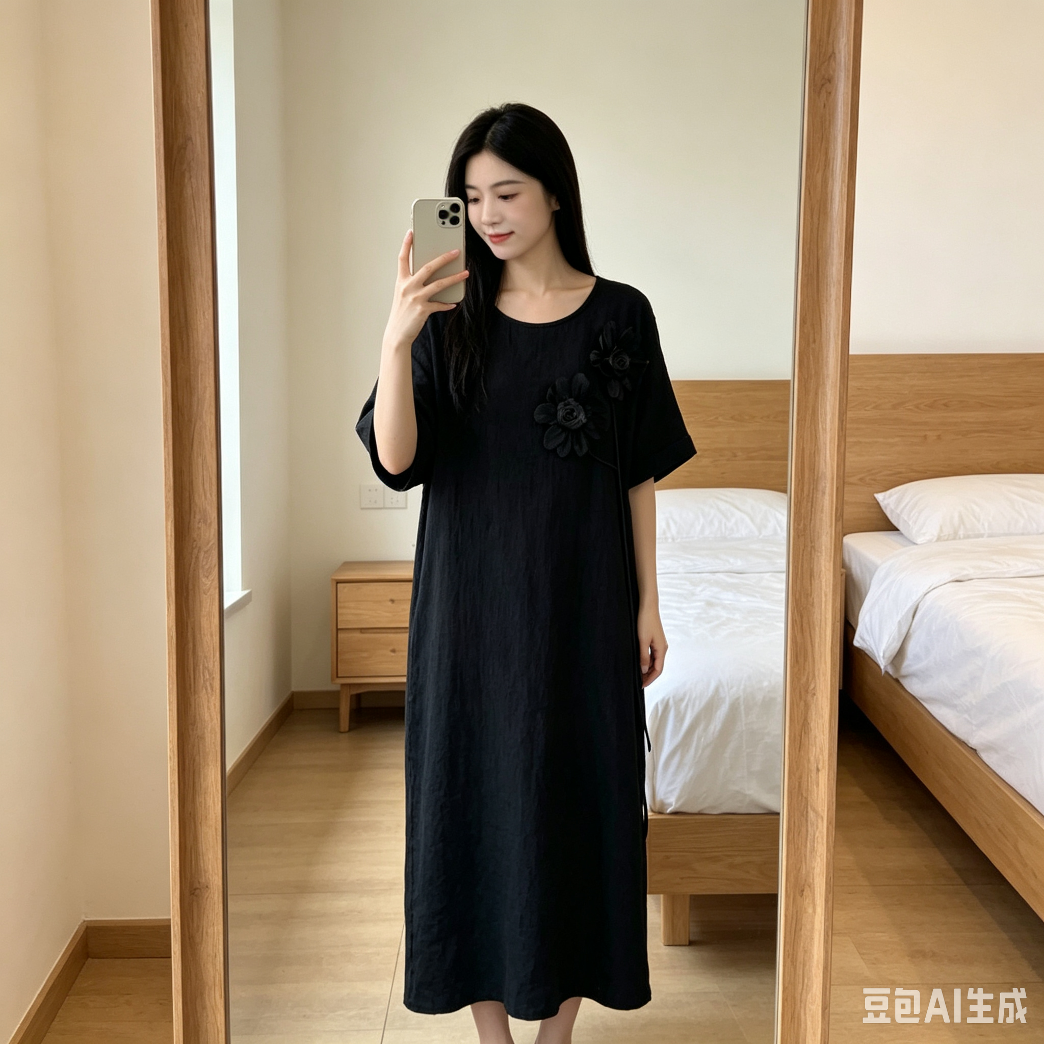【Annie 098】春夏款立体花朵肌理感休闲弹性宽松大码显瘦长裙