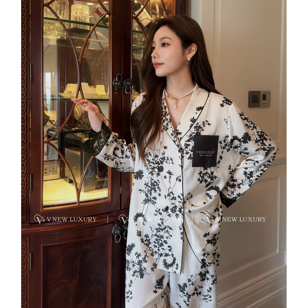 丝质轻奢家居服套装蕾丝边复古印花松紧腰长袖时尚睡衣女V7T3088