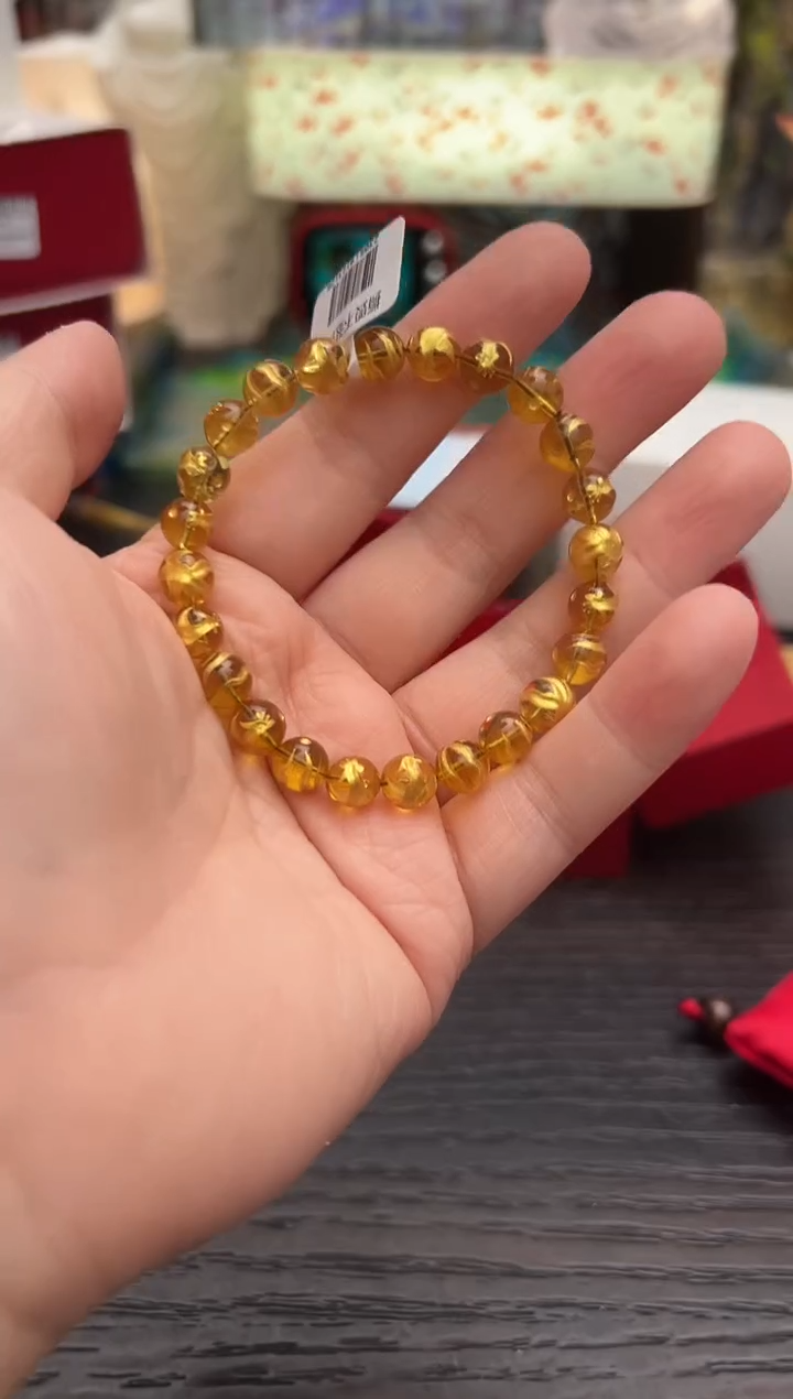 蓝珀金凤雕刻手串