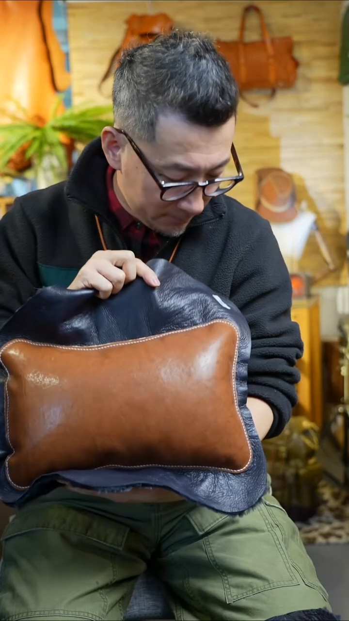 羊毛配牛皮真皮靠垫6号