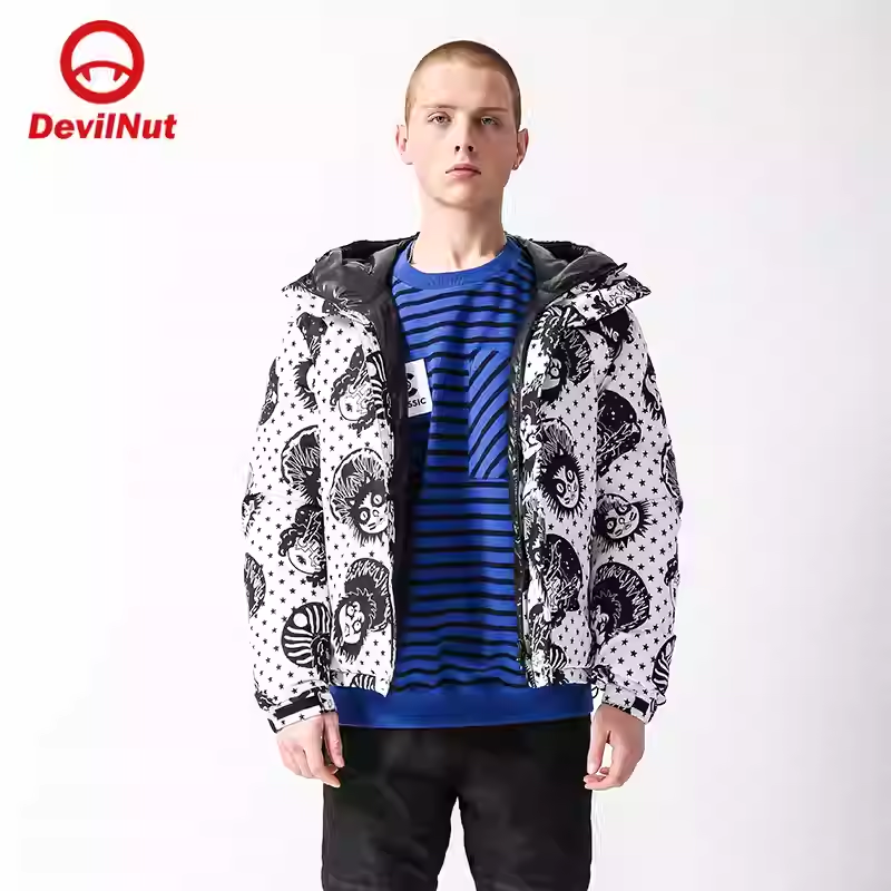DEVILNUT潮牌恶魔无性别保暖撞色印花羽绒服冬季