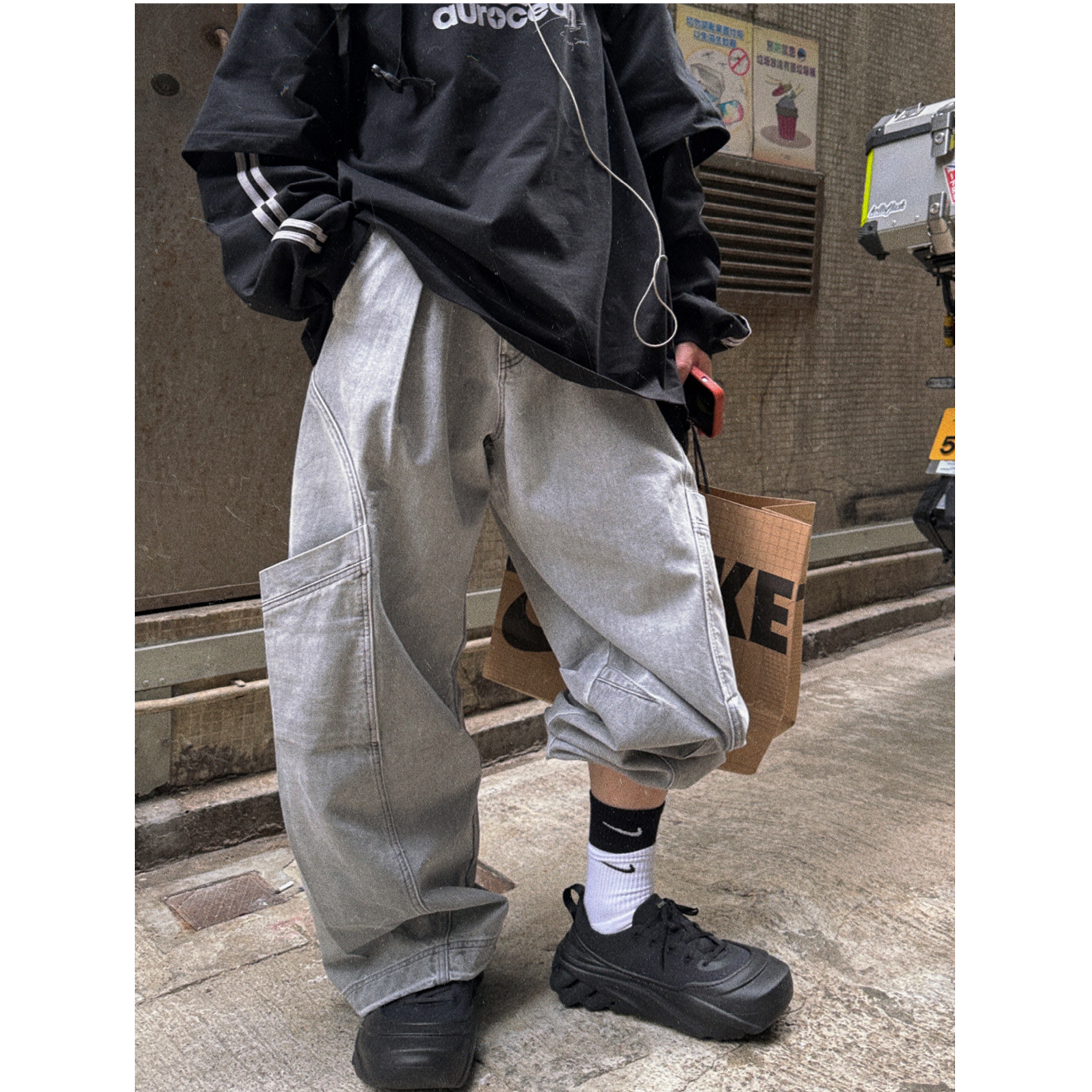 Aurocean 重炒盐水洗浅灰工装裤 370克纯棉解构设计堆叠感长裤