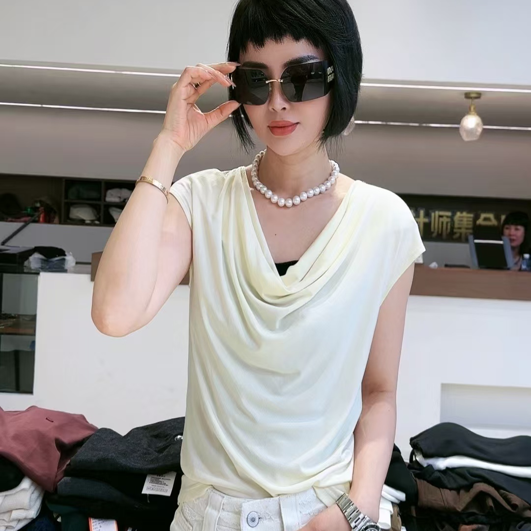 迷巧时尚新款杂志风荡领一字领透气纯色wuT恤气质不规则