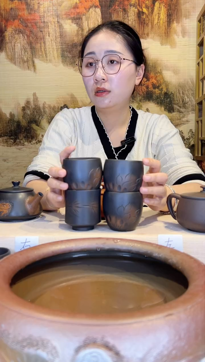 【闪购商品】云南建水紫陶-3荷花1竹子主人杯