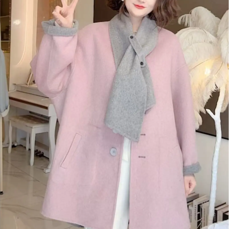 加厚两件套"双面穿，一件顶两件”配羊毛围巾中长款羊毛外套2025