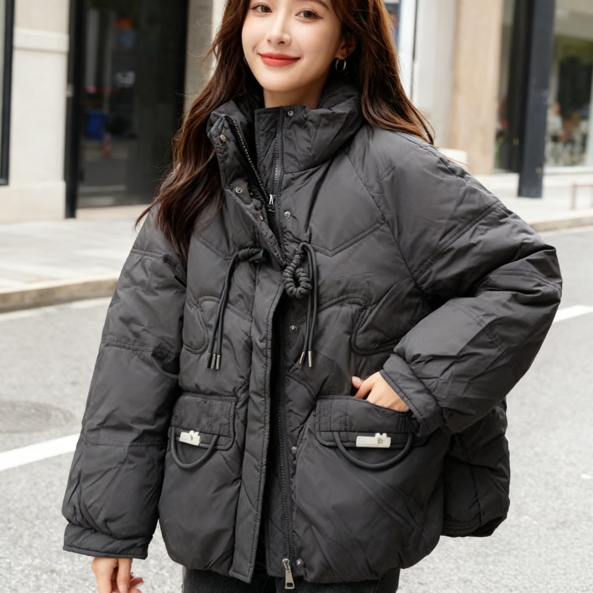 冬季新款大码F011宽松休闲洋气立领牛角扣加厚羽绒服