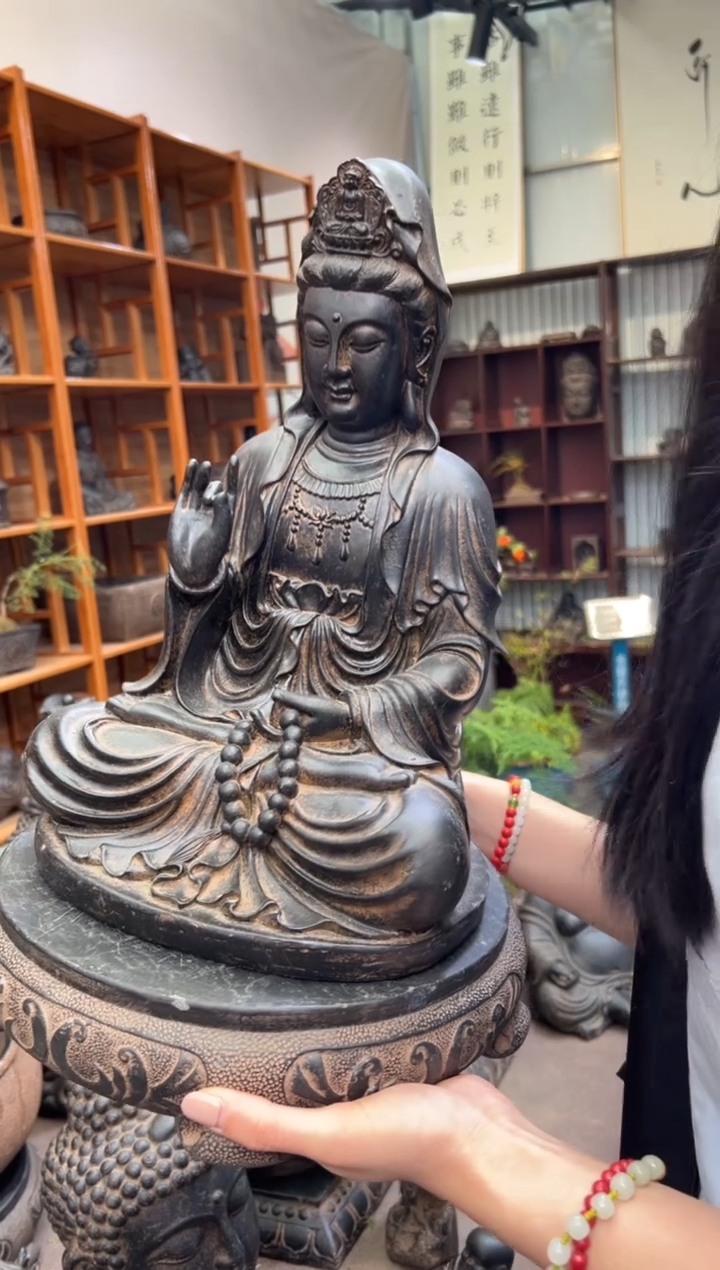 陶土自渡观音+素面万寿藤底座大号