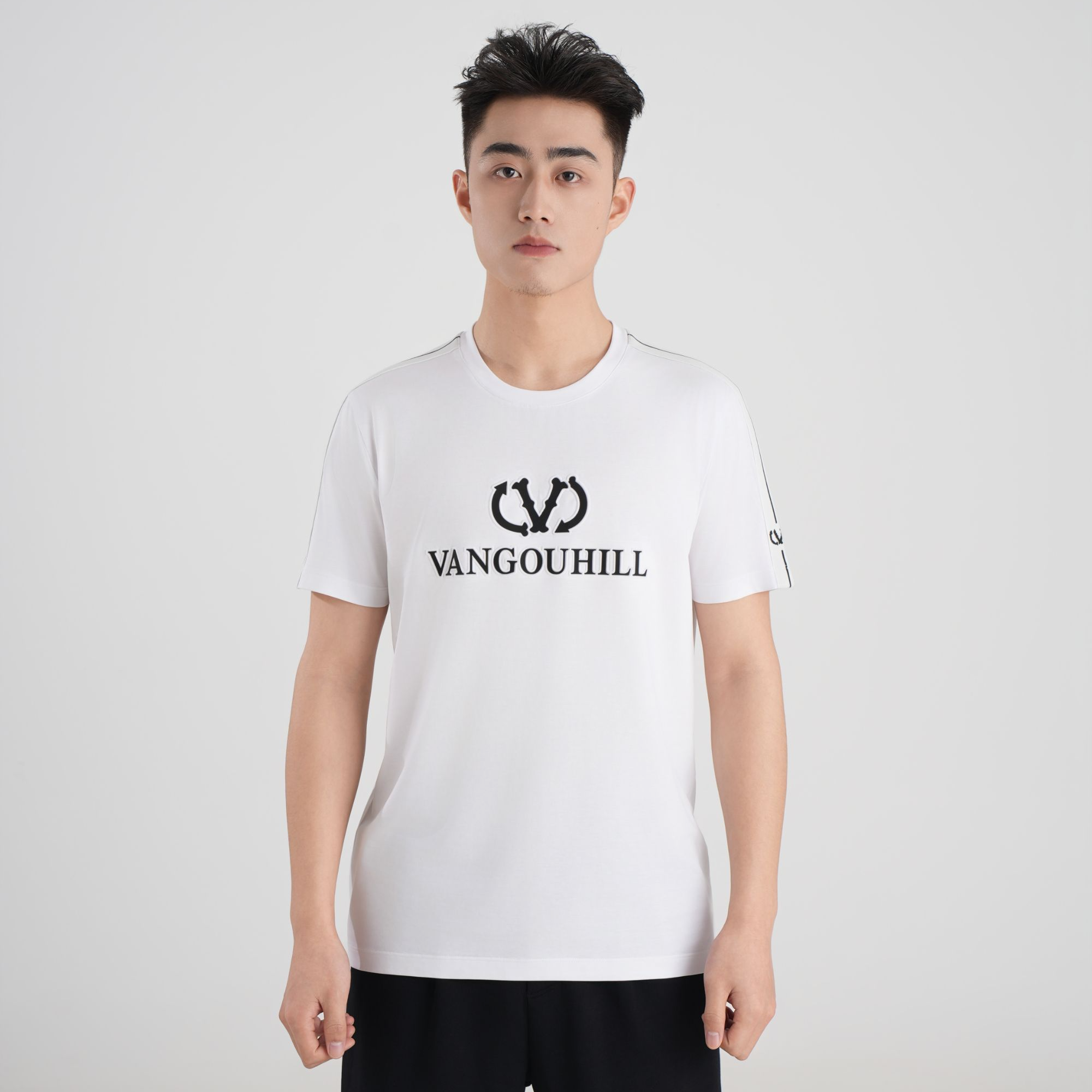 VANGOUHILL/梵高希夏季新款品牌LOGO字母提花轻奢匹马棉修身短袖