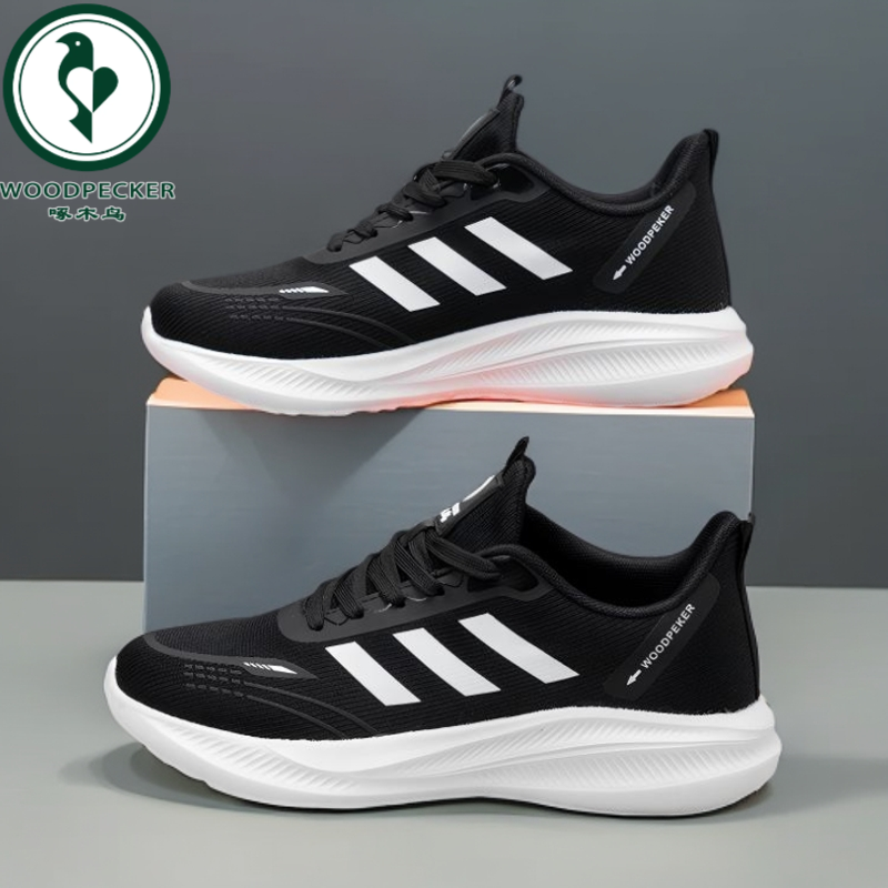 啄木鸟正品潮流时尚男士透气网面情侣软底上班通勤男鞋纯黑