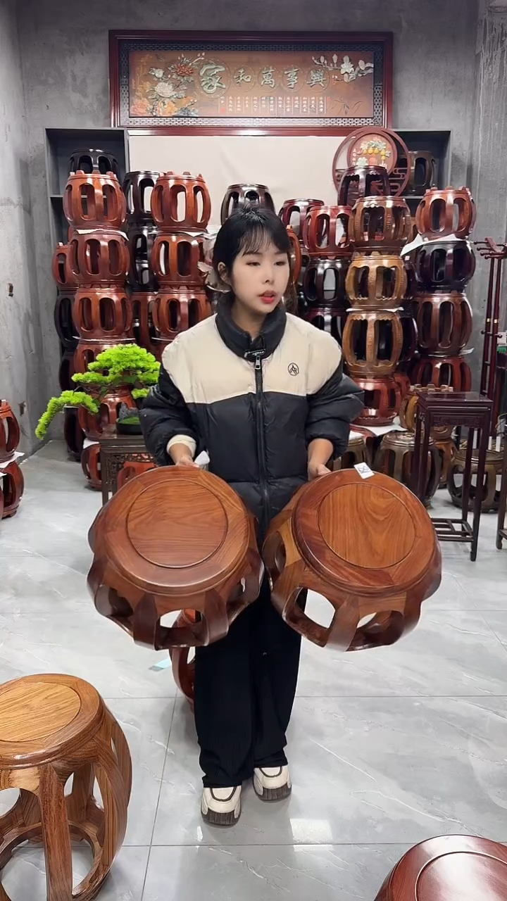 【闪购商品】花梨木类家具胡桃色小号鼓凳一对18号