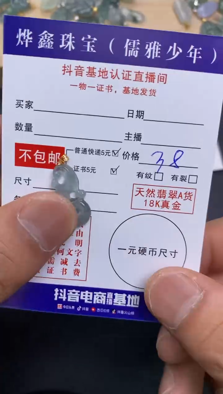 颈饰18K金镶嵌翡翠天然翡翠A货赠皮绳