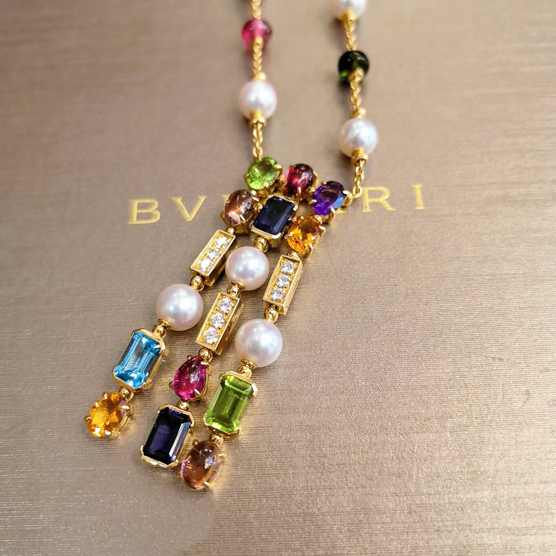 99新 BVLGARI/宝格丽 allegra彩宝珍珠流苏钻链/黄金/#42cm