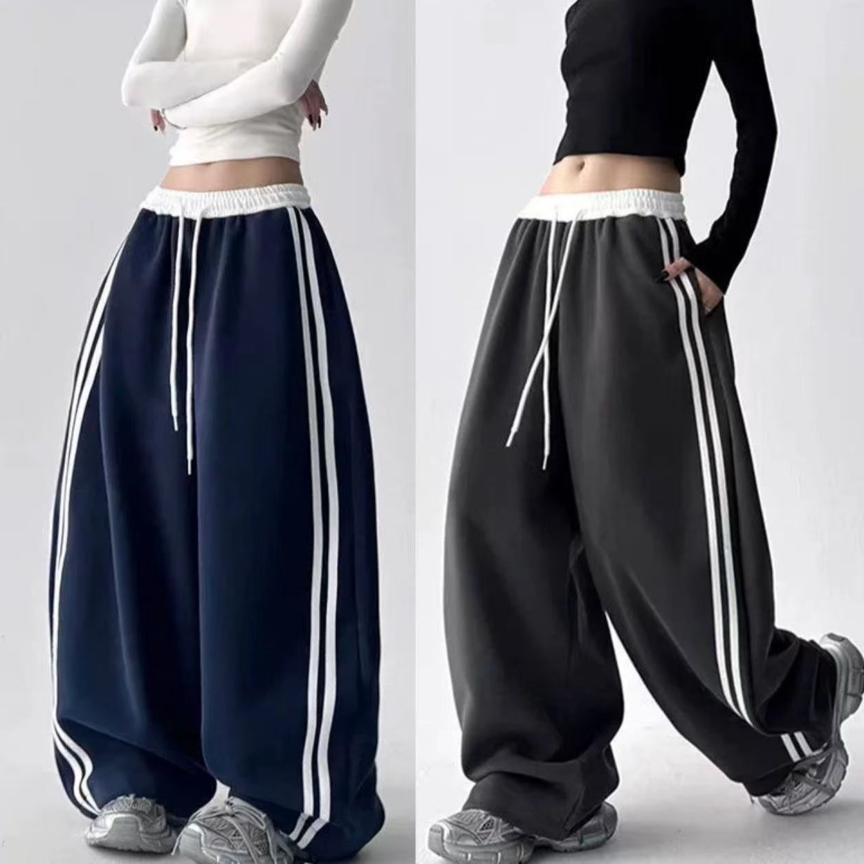 超显瘦!原版欧货美式棉质卫裤条纹设计感大裤腿弯刀裤（一裤俩穿）