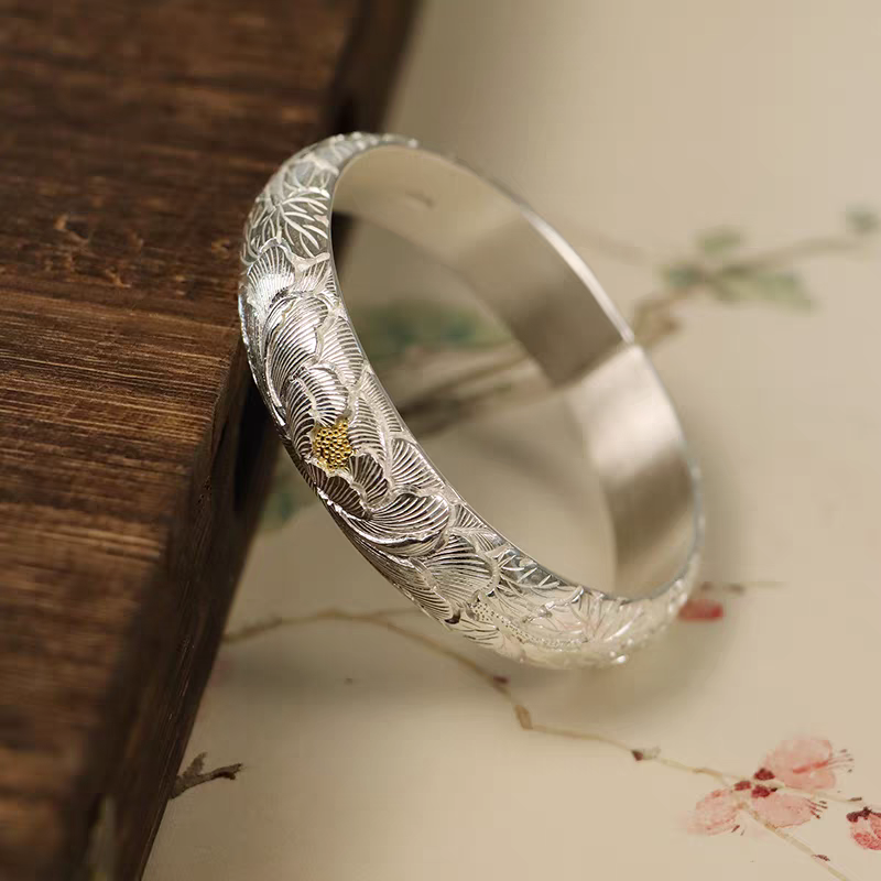 足银手镯 金牡丹 润土匠心足银999手工錾刻牡丹花纹镶金精工饰品