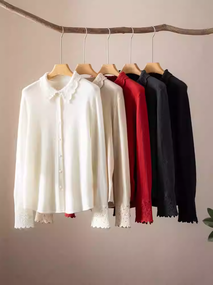 萌萌家/奶霜旋律 100%山羊绒钩花衬衫法式优雅镂空翻领毛衣宽松