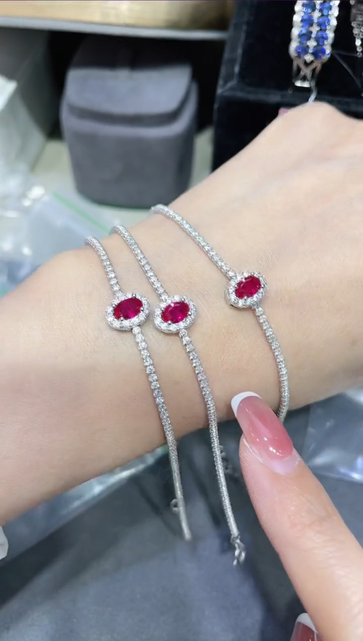 培育红宝石S925银镶嵌合成（培育）红宝石手链777多样性发其一