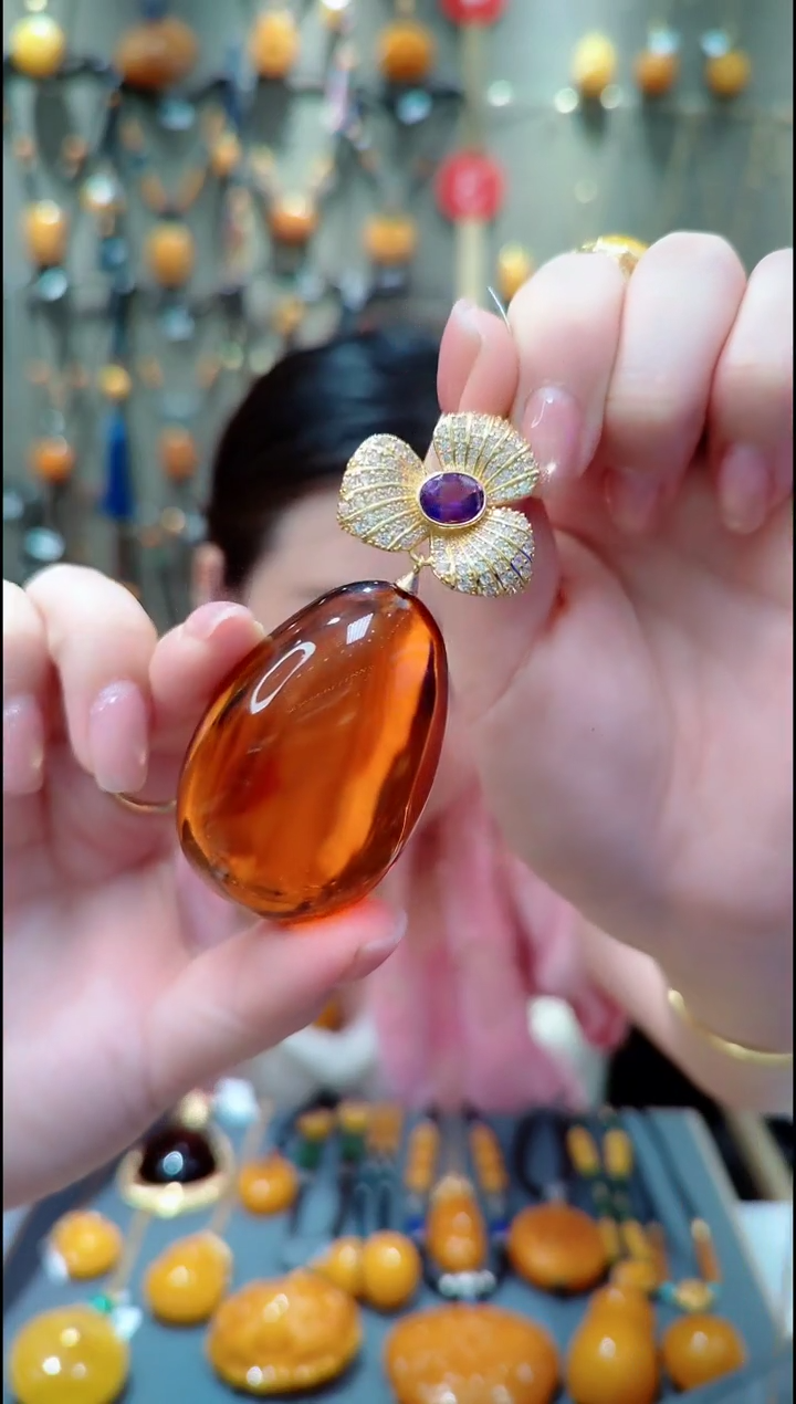 银S925镀金镶嵌血珀珠宝奇石﹣C085琥珀吊坠