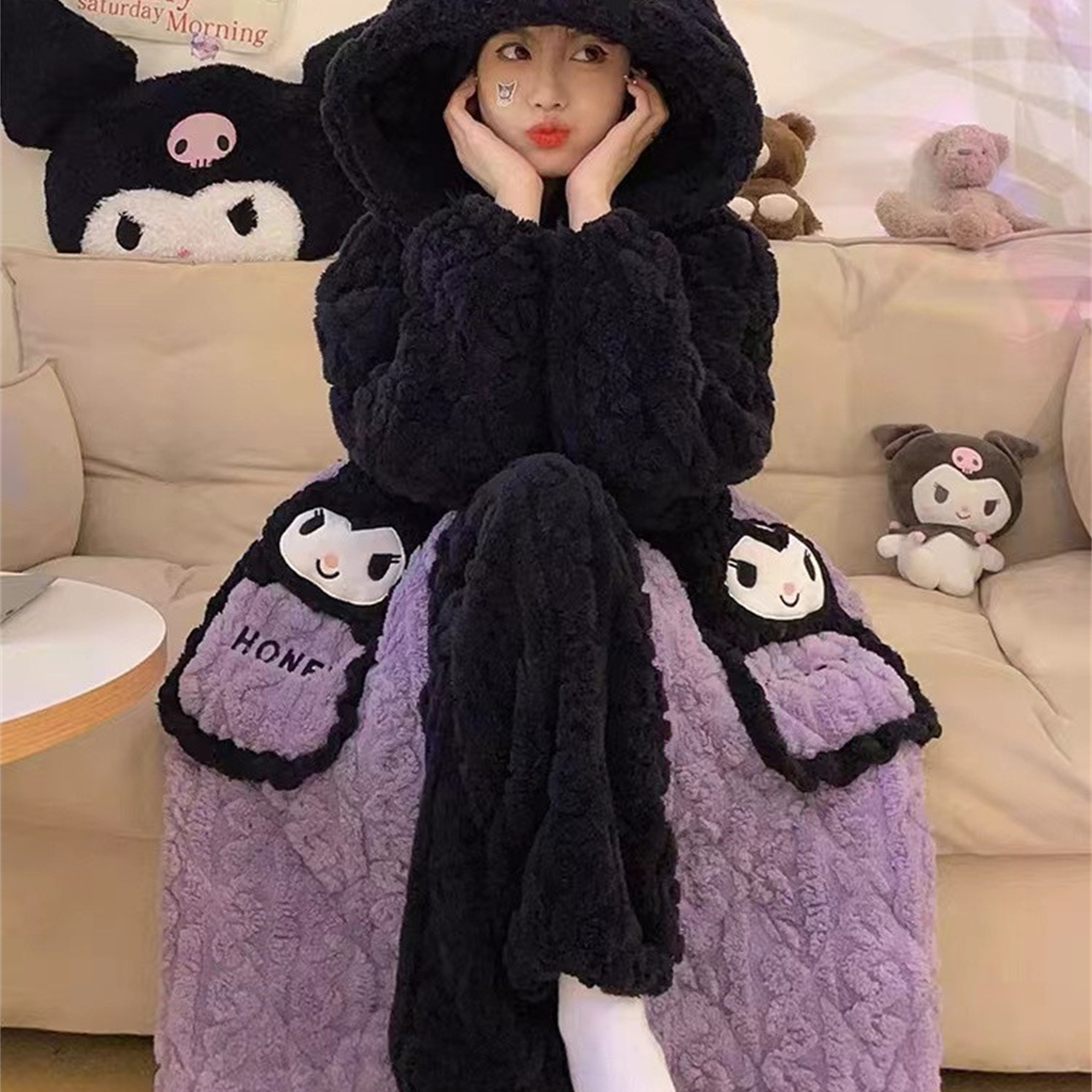 2024年珊瑚绒睡衣女加绒加厚连帽睡袍可爱秋冬季库落米家居服套装