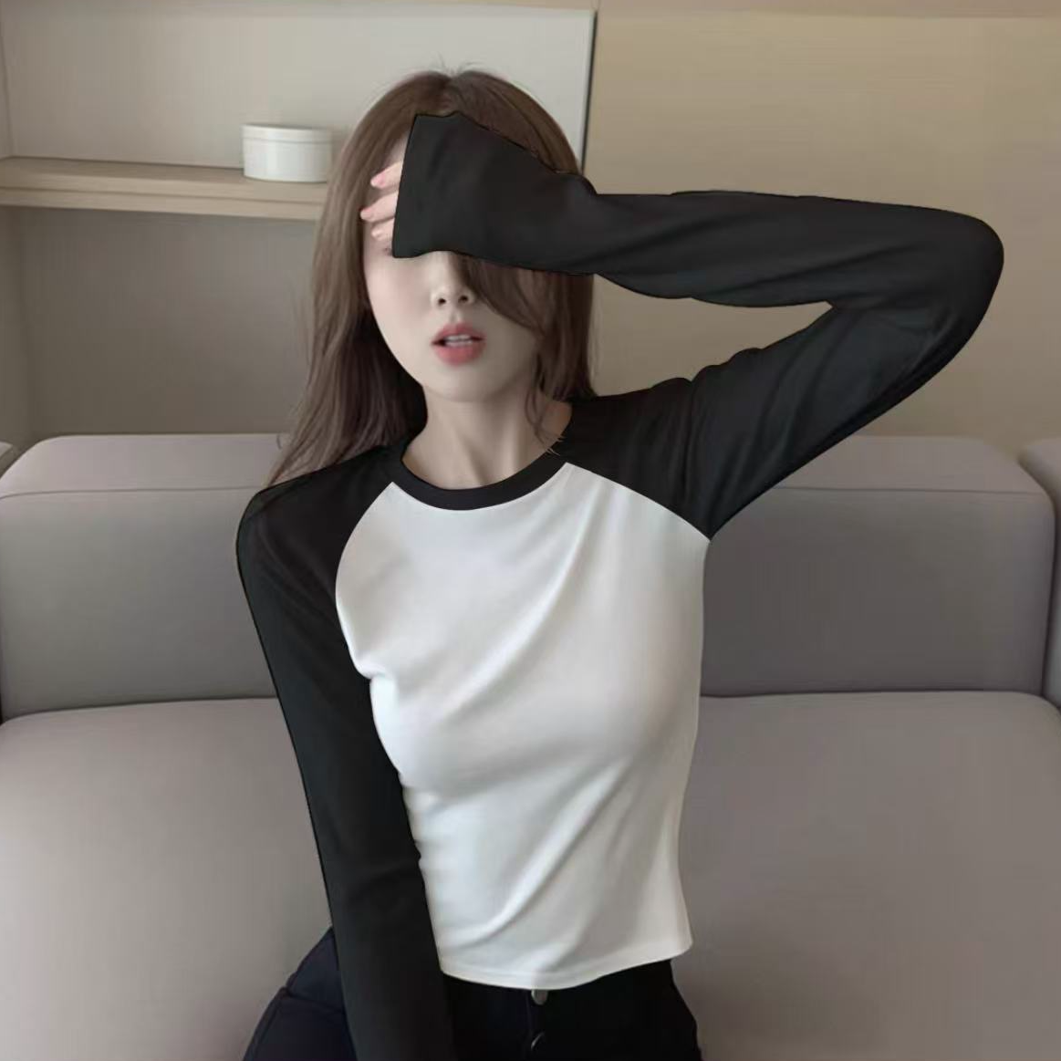 9179-（黑白撞色）长袖T恤打底