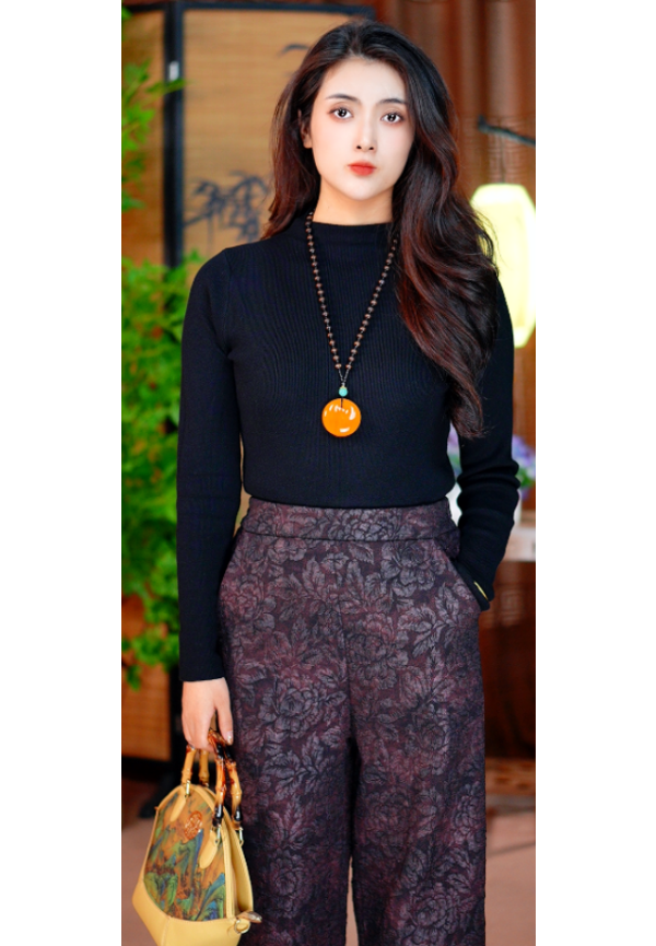 冬季休闲裤直筒裤高腰常规提花阔腿裤微弹保暖