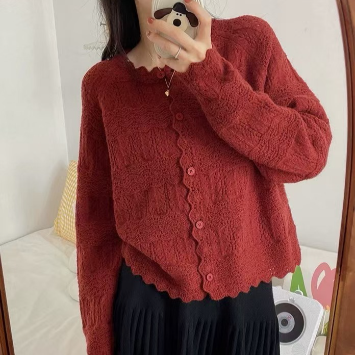 2018【浮雕针织波浪门襟开衫】秋冬新款气质女士时尚百搭外穿上衣