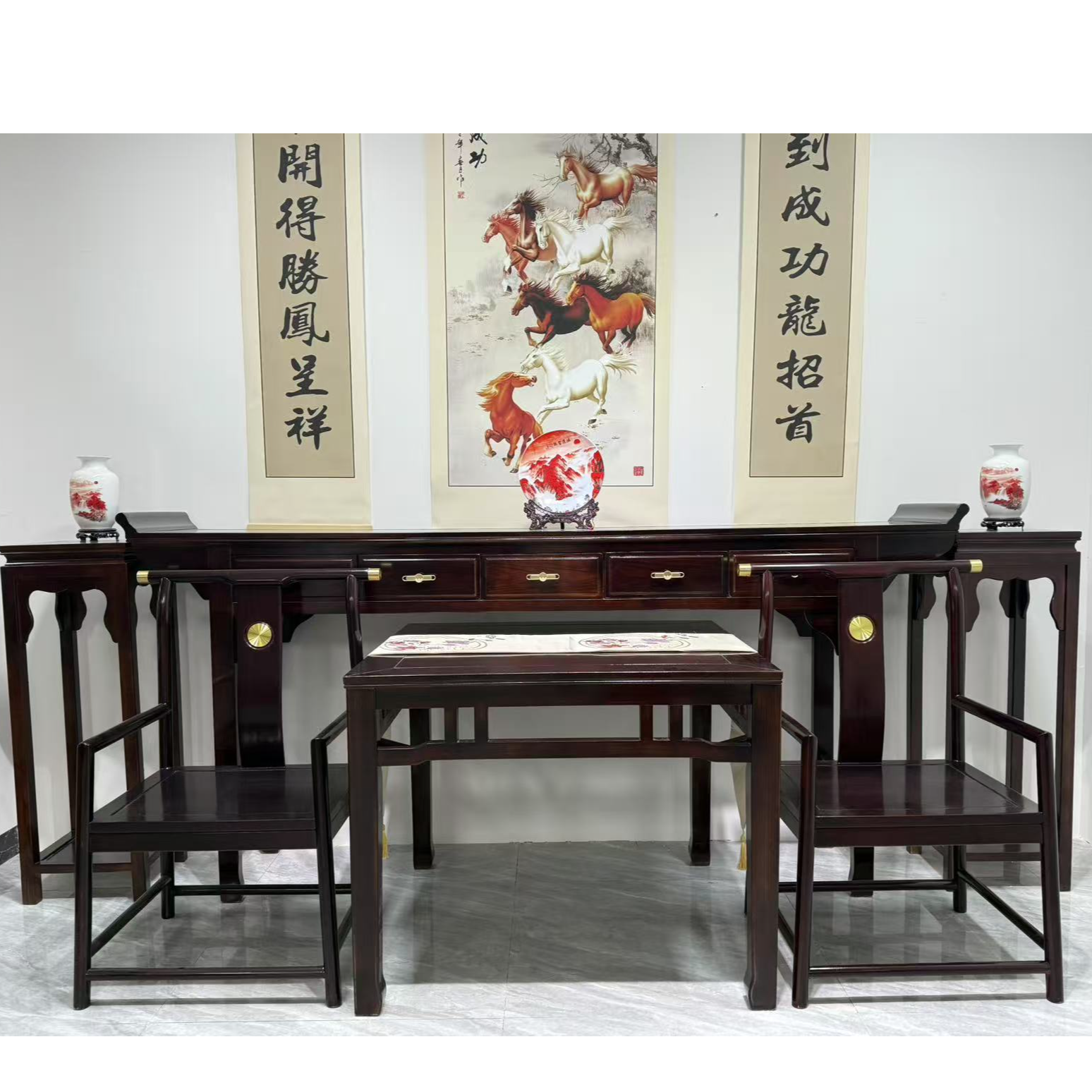 新中式中堂六件套农村自建房适用中堂全实木全榫卯结构乌金工艺