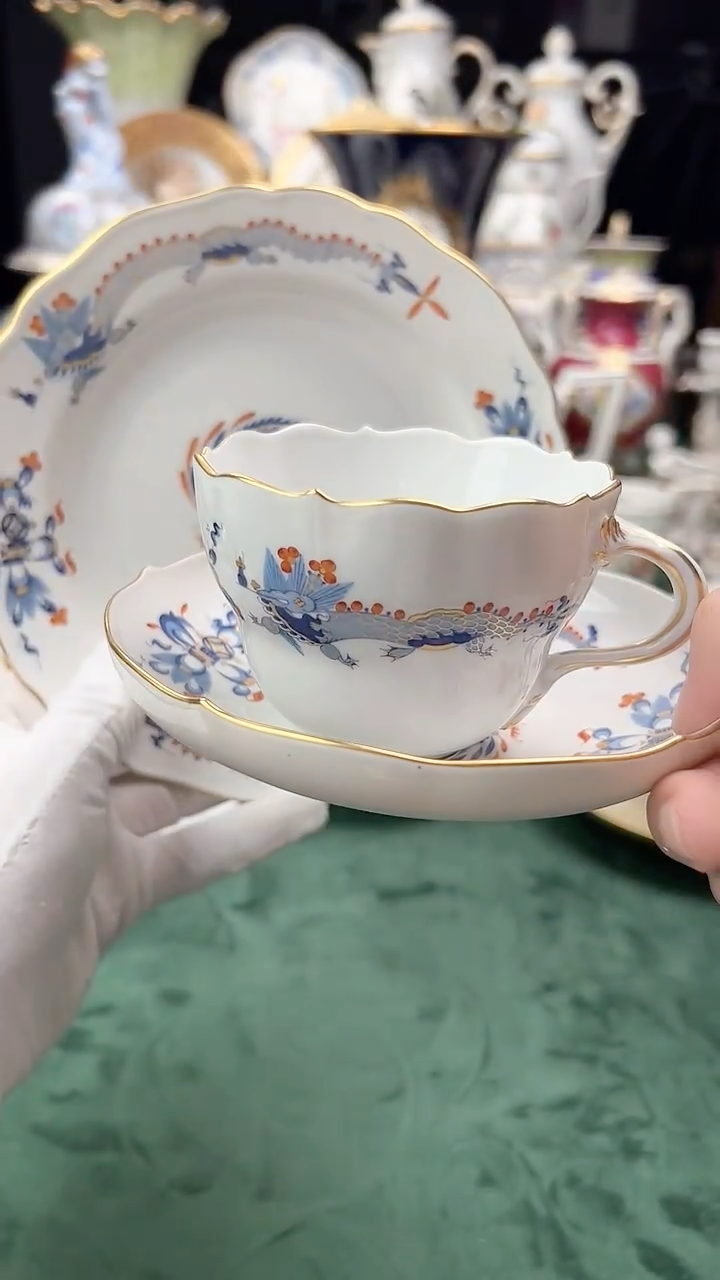 瓷片梅森特殊蓝色御龙咖啡杯碟盘微瑕