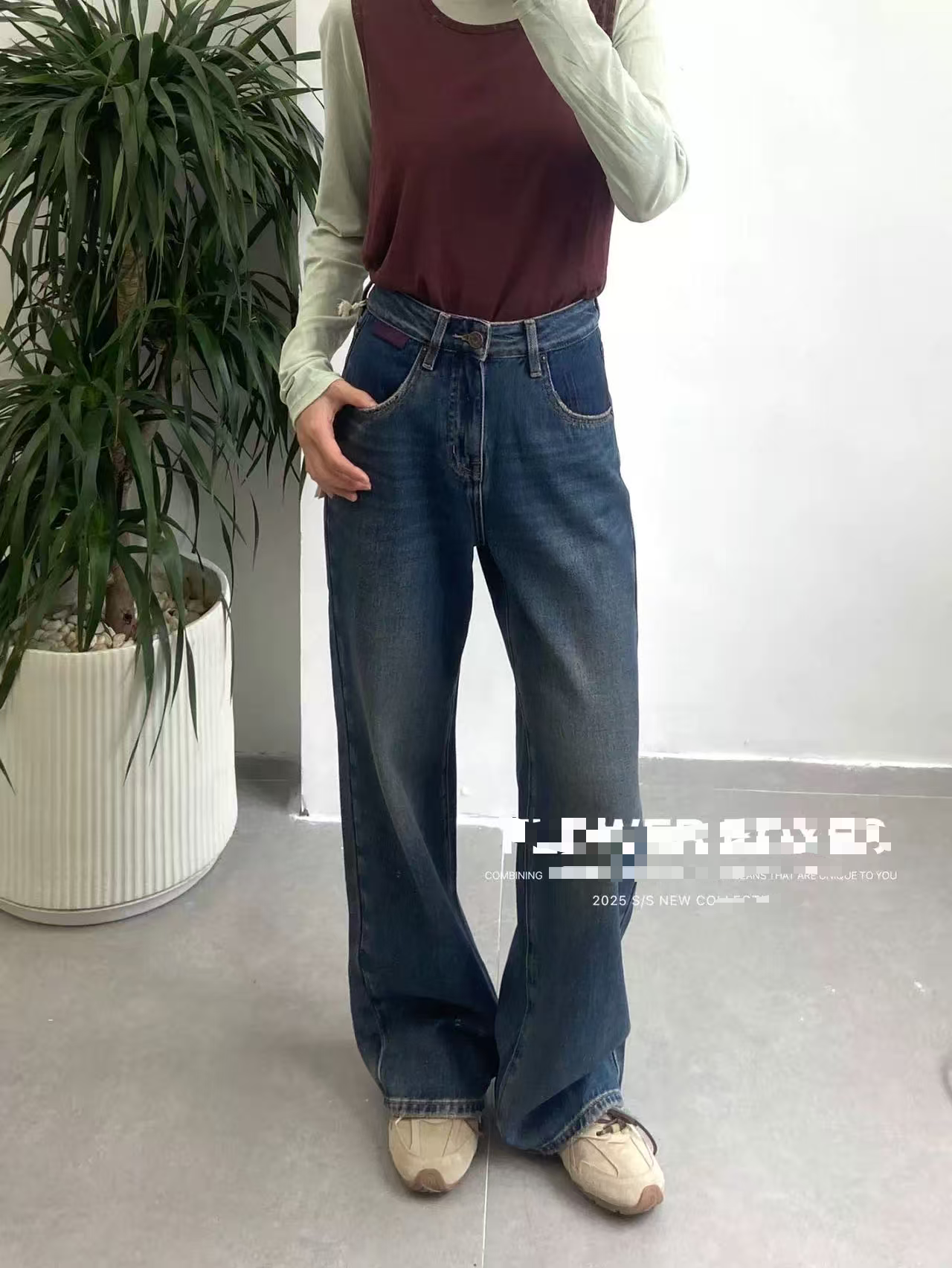 HH 85272 美式复古窄版直筒拖地~高级雾霾蓝小心机设计