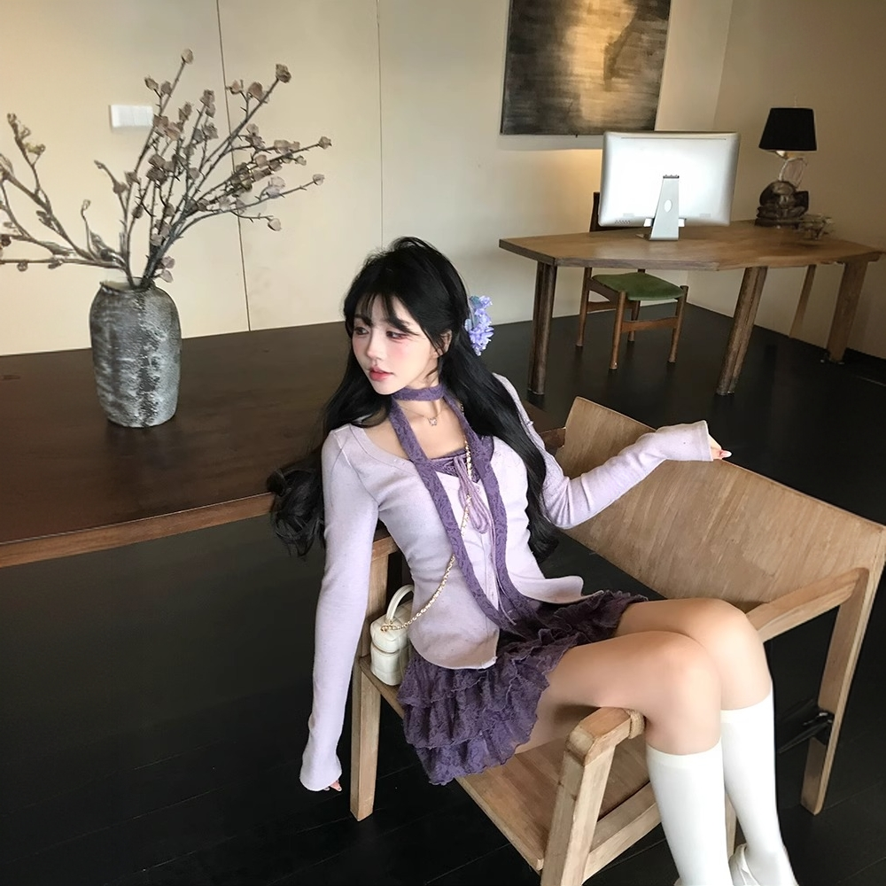 韩系一整套春夏纯欲甜辣妹紫色蕾丝吊带上衣女高腰短半裙两件套