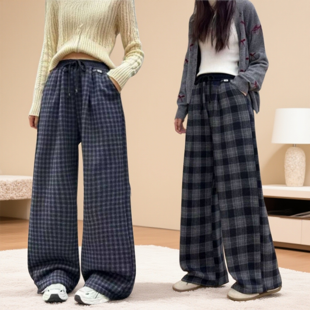 【一体绒】冬季女大童新款格子加绒时尚百搭休闲洋气直筒阔腿裤025