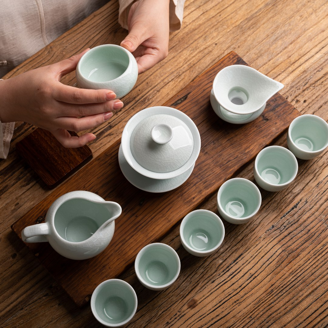 赵运圈玉青釉元宝三才盖碗茶具套装原矿汝窑中式茶具10件套