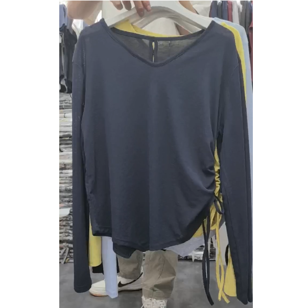 467 V领潮流风长袖抽褶宽松型纯色T恤圆领百搭风 F29