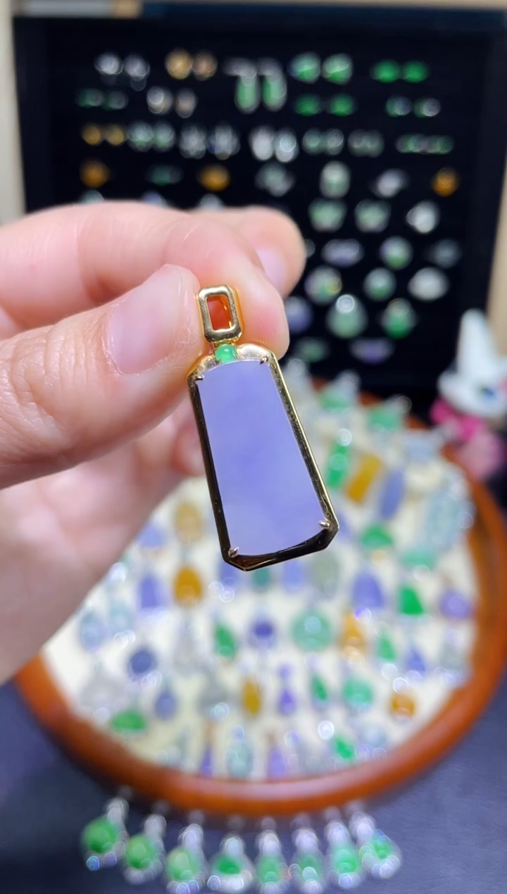 【闪购商品】翡翠颈饰18K金镶嵌超漏高冰粉紫无事牌吊坠