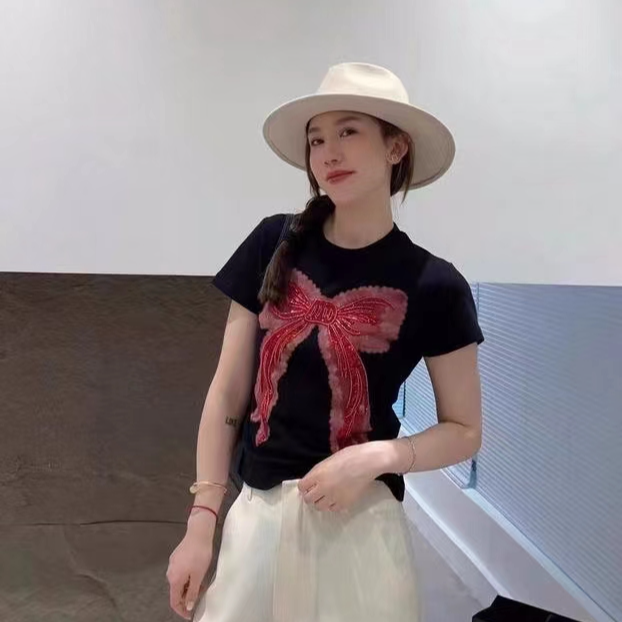 墨写欧货夏新款小众设计感时尚重工钉珠蝴蝶结显瘦短袖t恤女6510