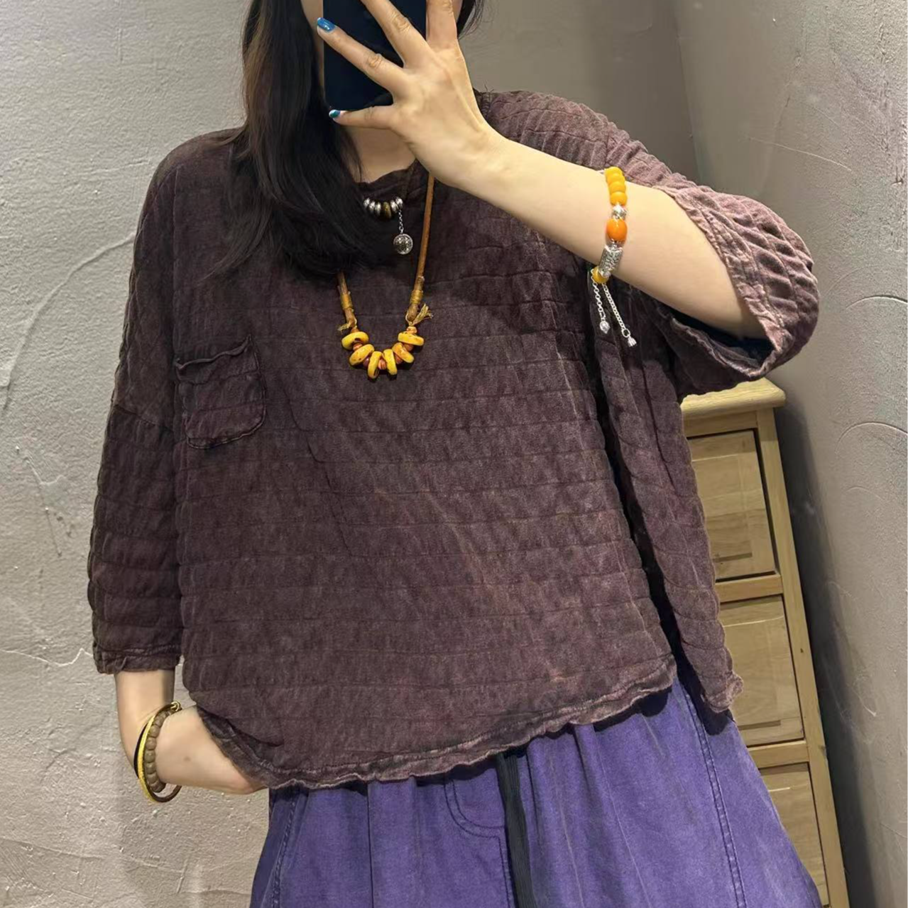 【半奏】春季新款 炒色做旧设计款气泡褶皱条纹T恤 