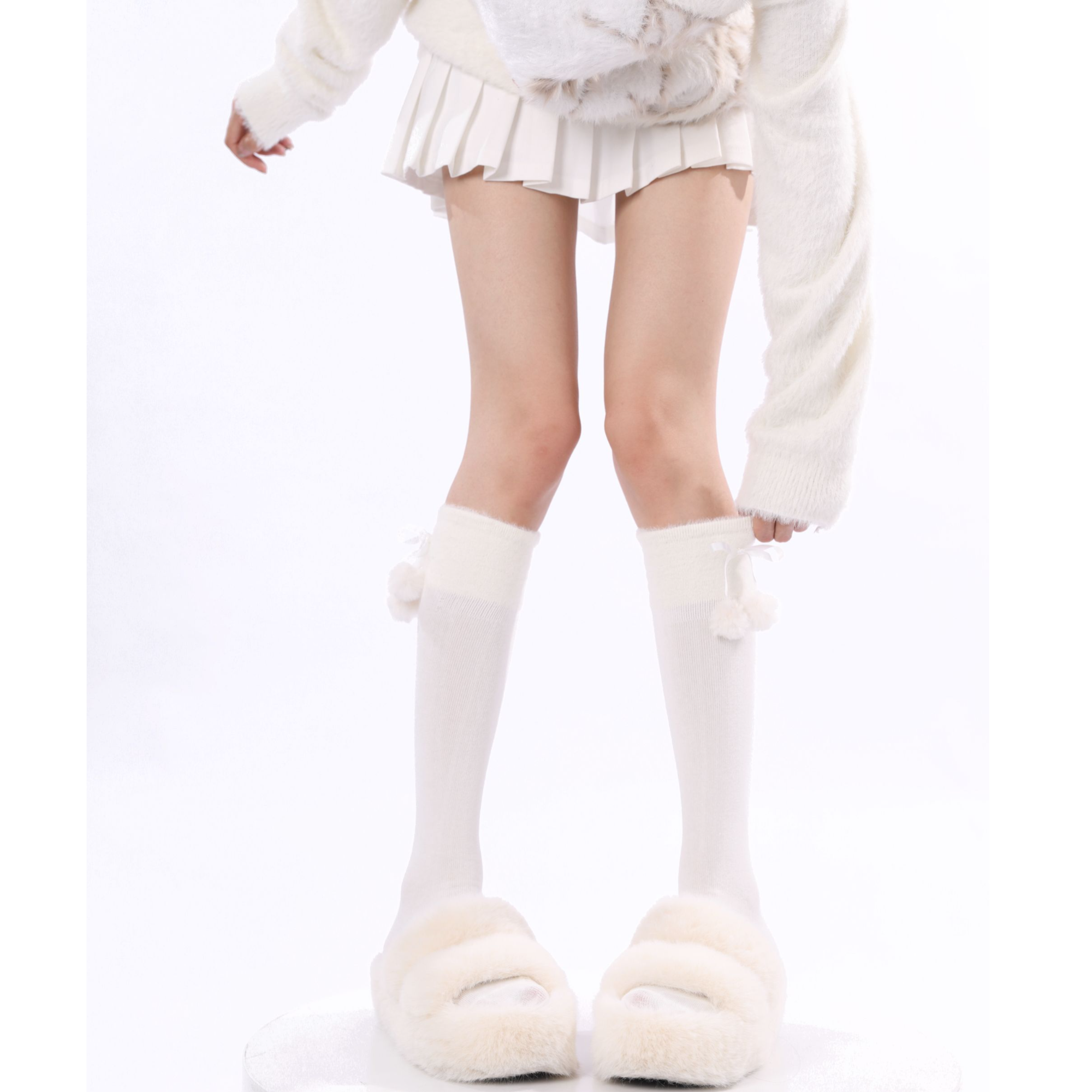 萌欲爆款白色带毛球小腿袜子女春秋显瘦毛边中筒袜jk条竖纹堆堆袜