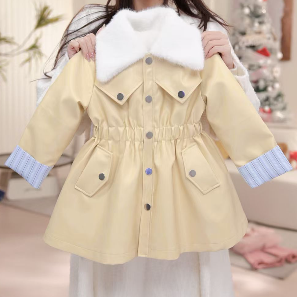 【起司】女童皮衣秋冬加绒外套加厚中长款大衣连衣裙休闲女孩30753