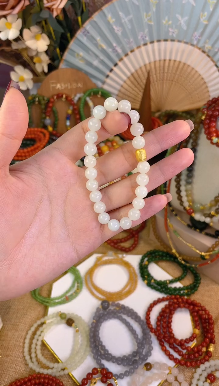 【闪购商品】和田玉手串18K金镶嵌白玉