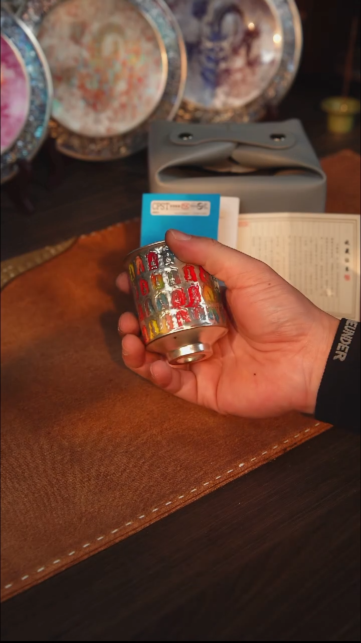 瓷杯子鎏银七彩千佛主人杯（内鎏银）