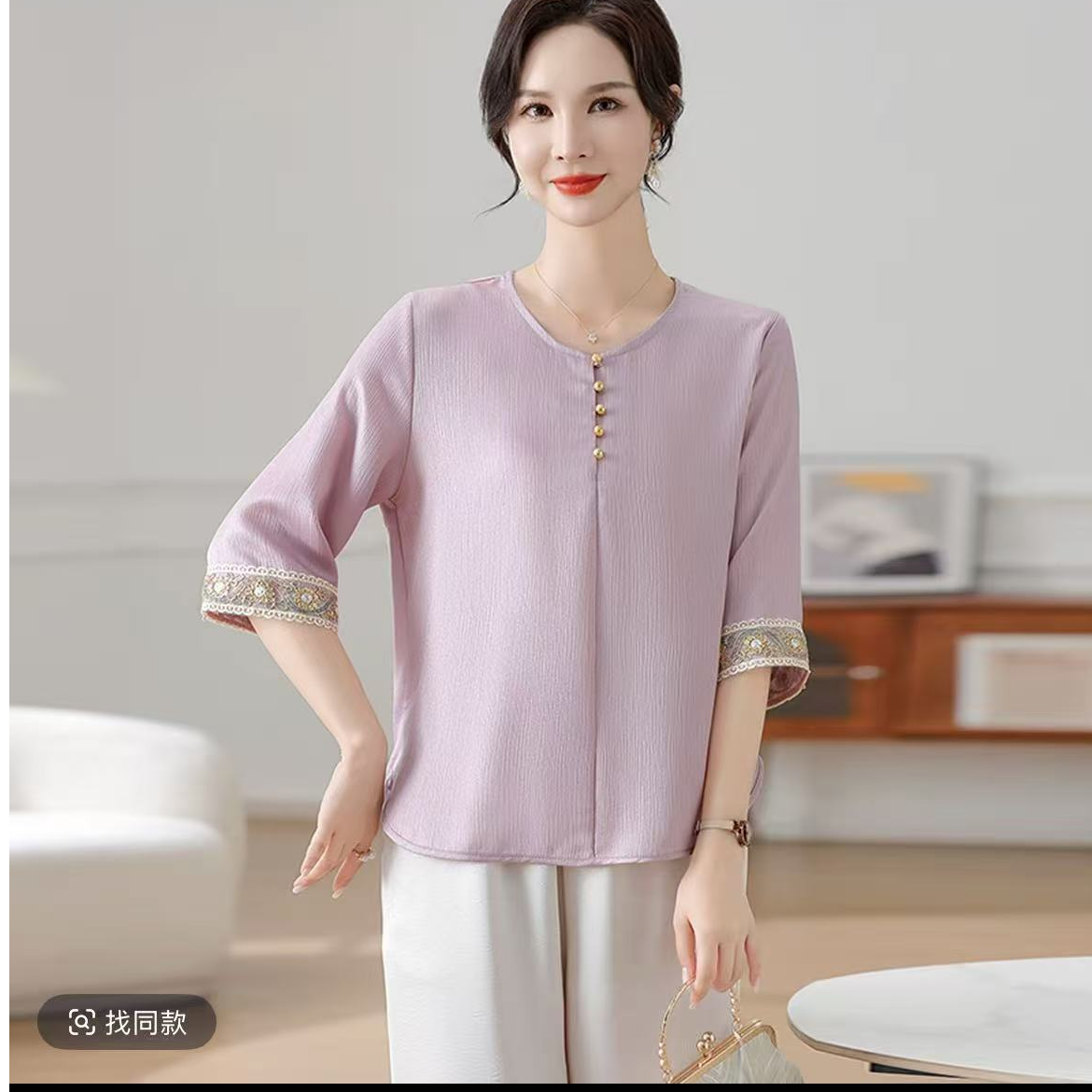 时尚妈妈夏装套装新款中老年女透气上衣（1898-2023）