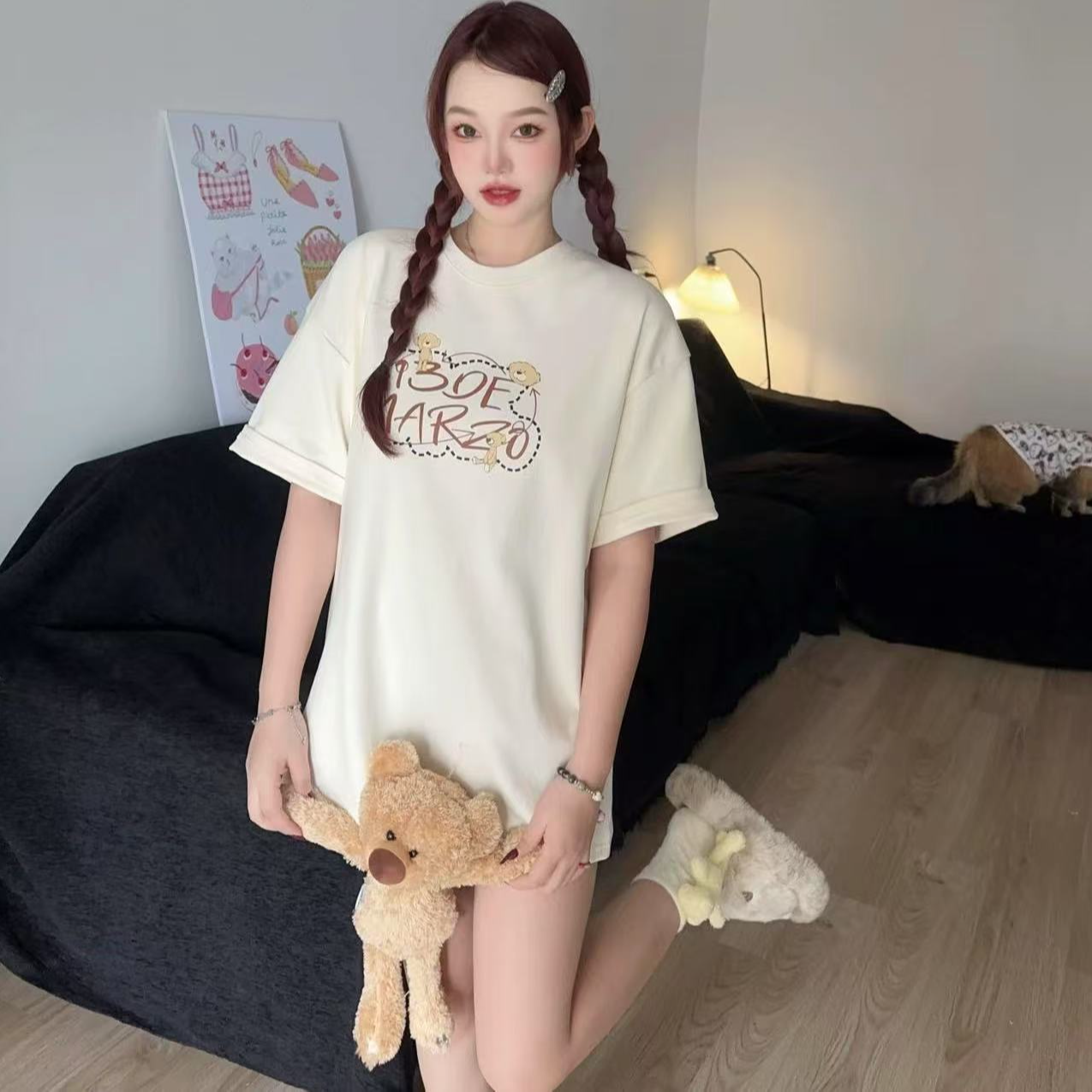 开心熊立体玩偶上衣时尚休闲宽松圆领卡通百搭显瘦白色纯棉夏季