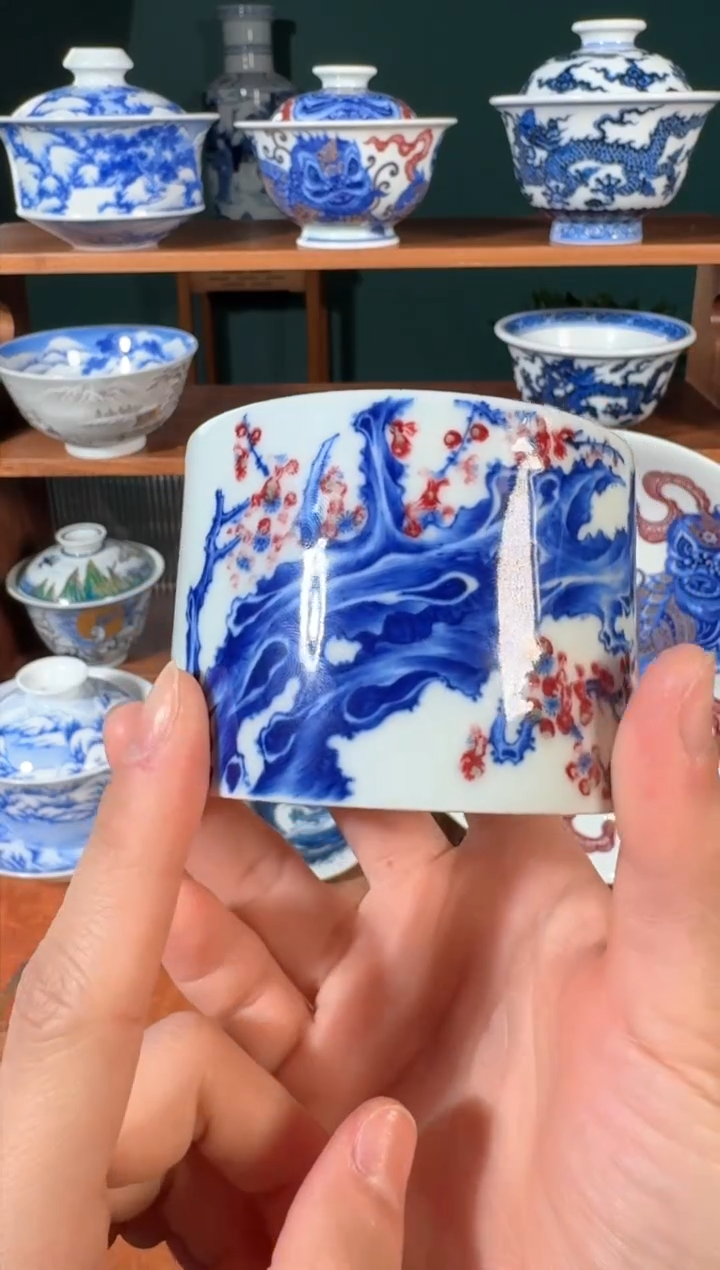 【闪购商品】杯小桥窑青花釉里红梅花直口杯