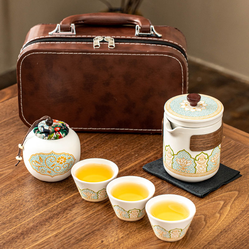 KK0230-宝相花一壶三杯加茶叶罐旅行套（棕款）旅行茶具车载露营