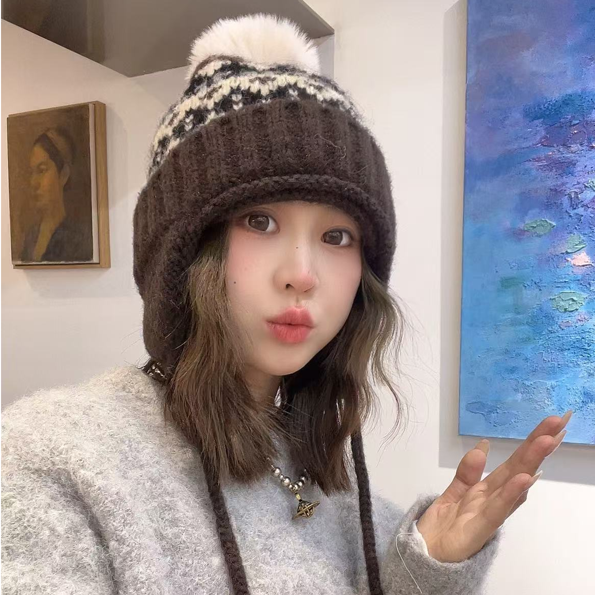 费尔岛风提花针织包头帽秋冬新款系带保暖护耳雷锋帽子女休闲百搭
