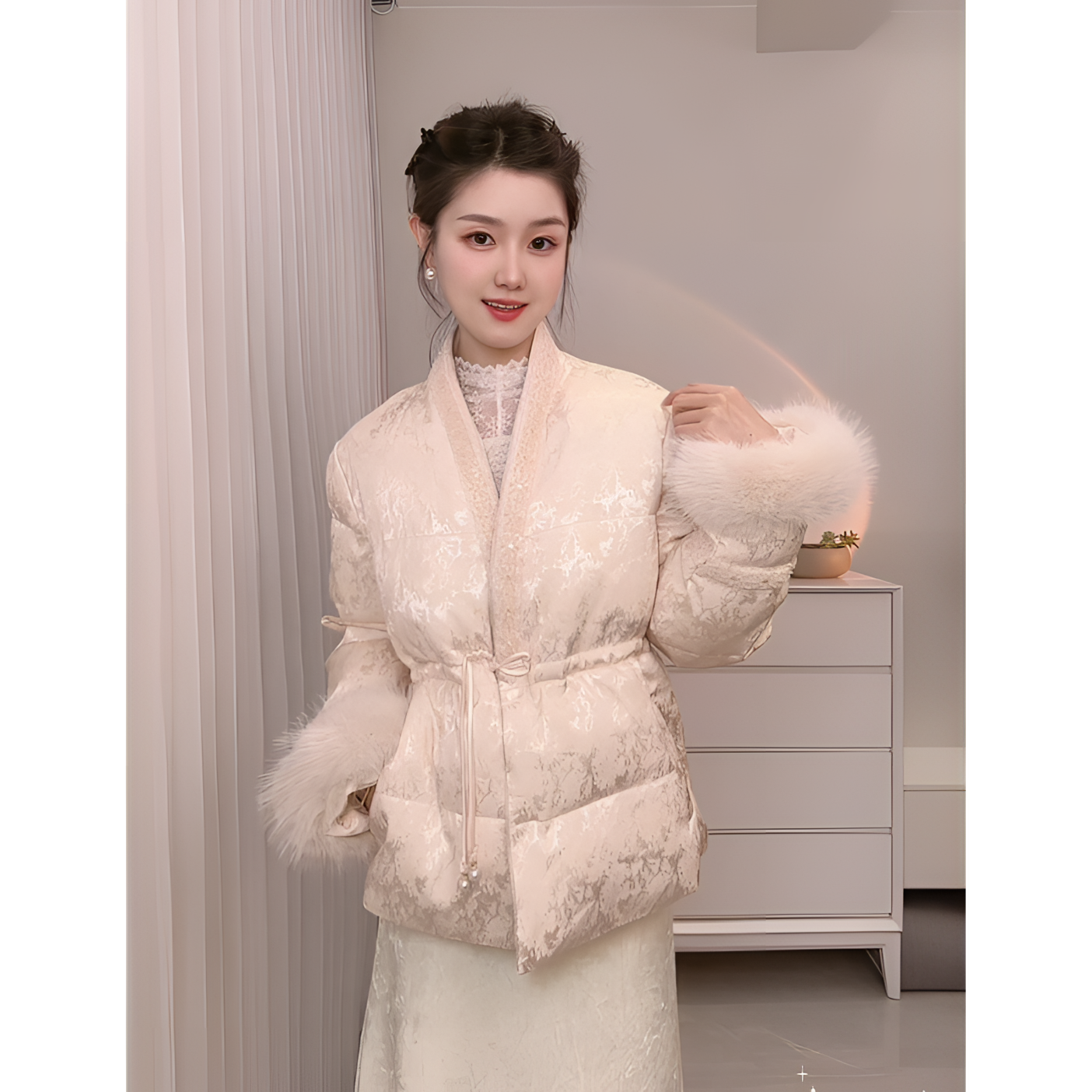 2025新款内收腰显瘦轻奢新中式保暖加厚棉服冬季百搭气质V领国风
