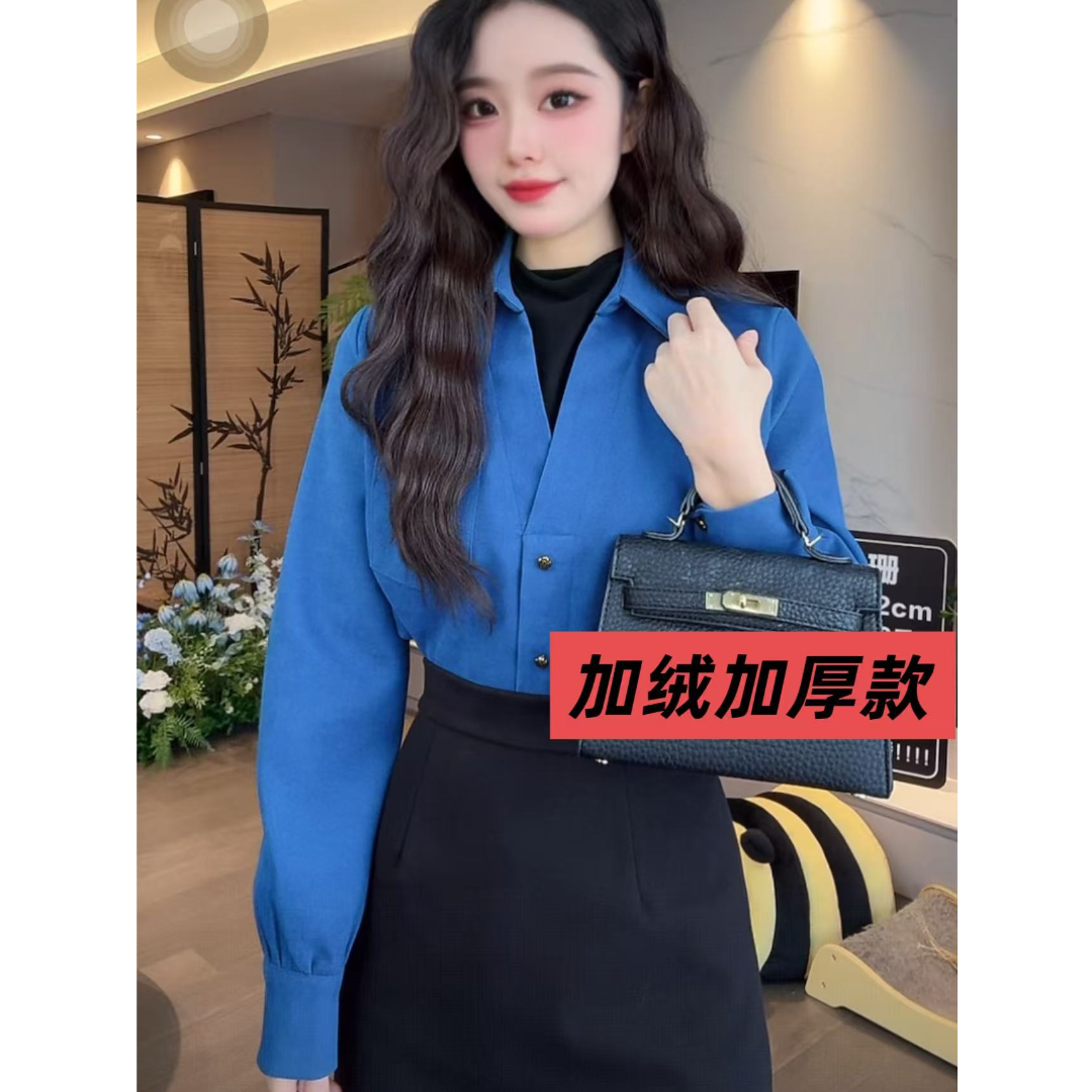 2025秋冬 加厚加绒款 高级上衣港味复古气质设计假两件长袖上衣