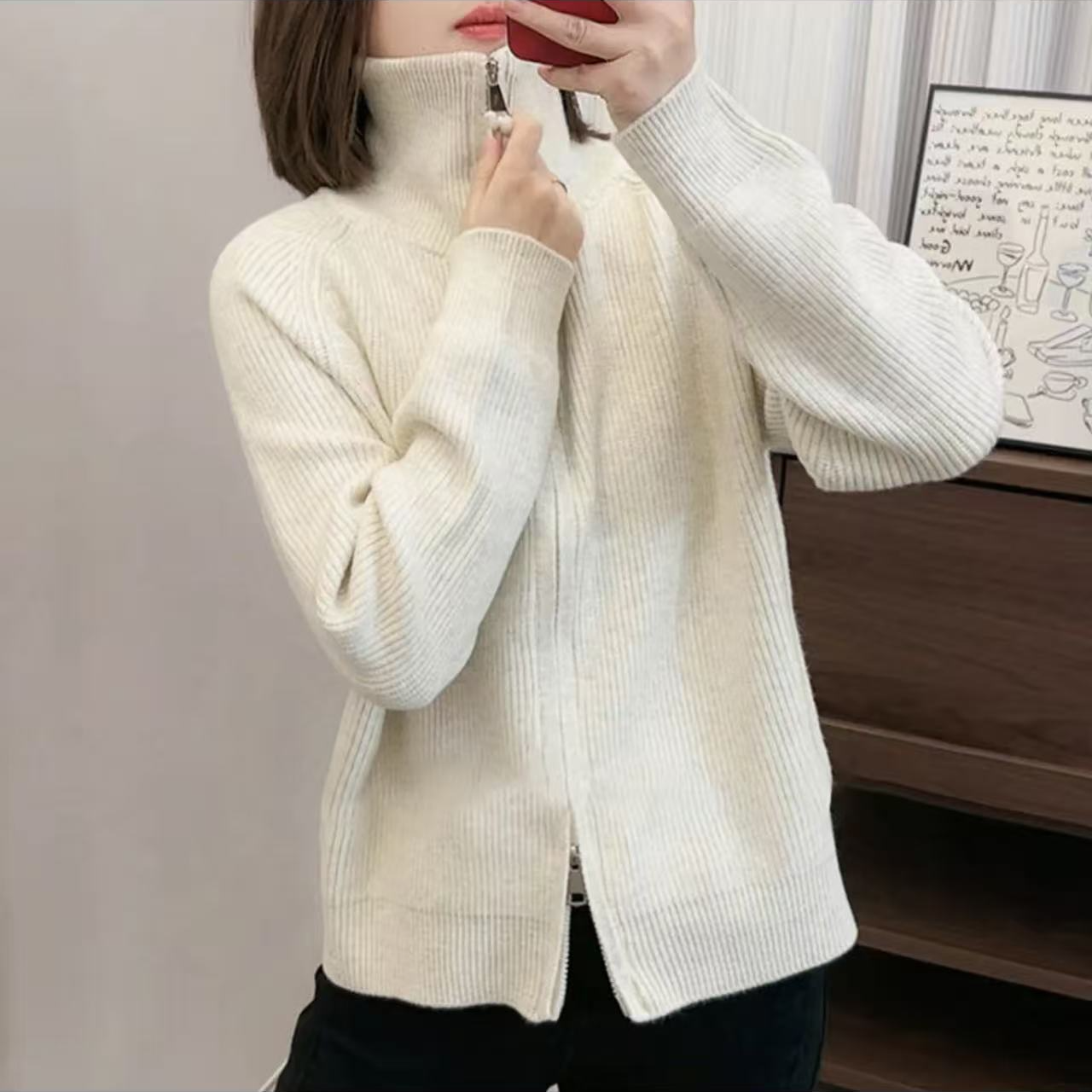 9112-高领双开拉链加厚毛衣开衫（米白）