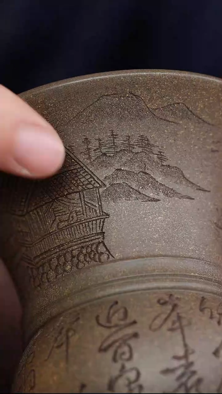 青段刻绘山水楼阁仿古紫砂杯23434