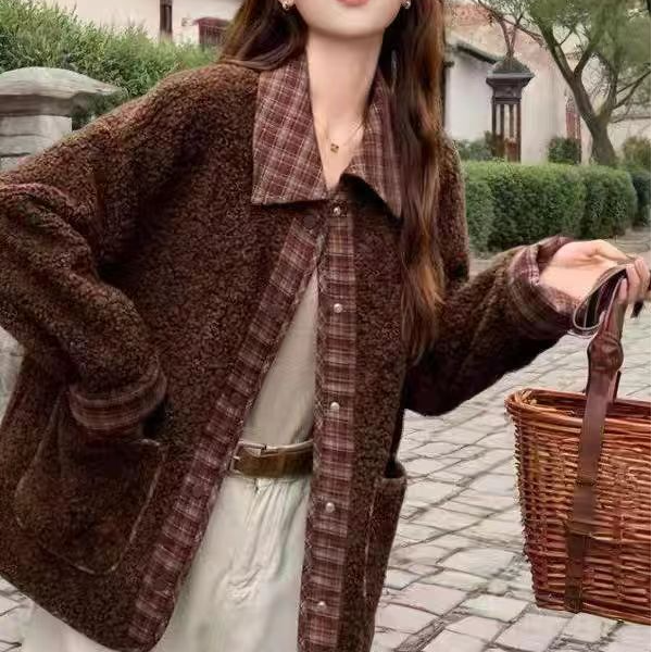 W138单排扣女秋冬纯色女式短外套宽松针织短外套短款