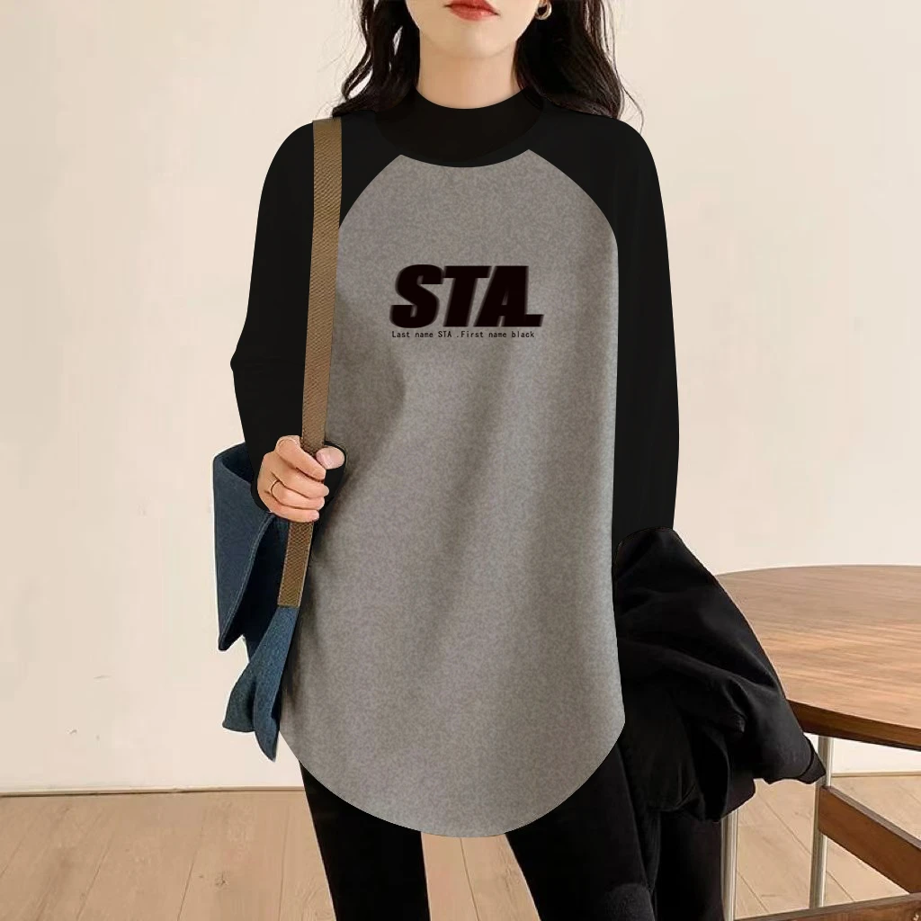 【轻奢设计款】半高领德绒加厚中长款拼色插肩长袖大码内搭打底衫